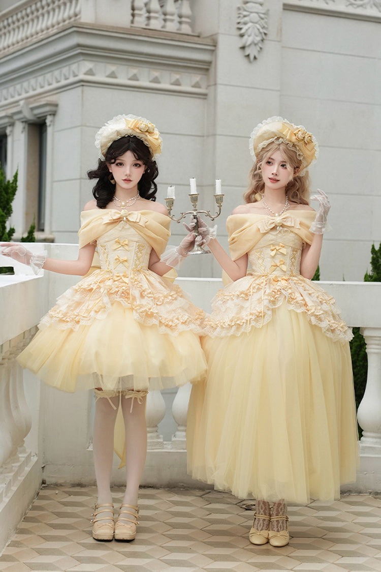 Sissi's Pilgrimage Off Shoulder Ruffle Bow Lace Sweet Lolita Short Skirt in Yellow