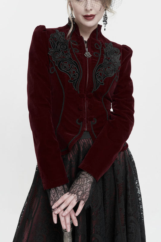 Crimson Mandarin Collar Velvet Chest Applique Pendant Zip Long Sleeve Goth Jacket