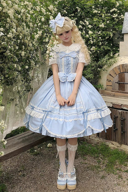 Cotton Sleeveless Lace-Trimmed Sweet JSK with Bow Details