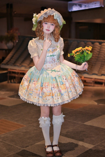 Emerald Pineapple Cat Print Sleeveless Bowknot Lace Sweet Lolita Strap Dress