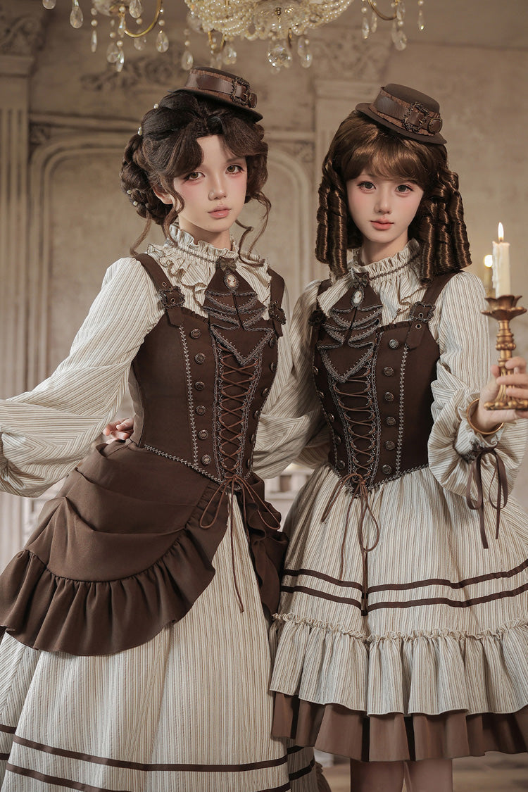 At Sunset Round-Collar Lantern-Sleeved Double-Layered Printed Ruffled Classic Lolita Dress in Beige and Brown, 2 Versions