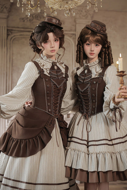 At Sunset Round-Collar Lantern-Sleeved Double-Layered Printed Ruffled Classic Lolita Dress in Beige and Brown, 2 Versions