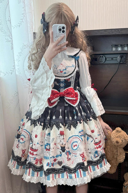 Sleeveless Printed Ruffle Bowknot Lace Sweet JSK
