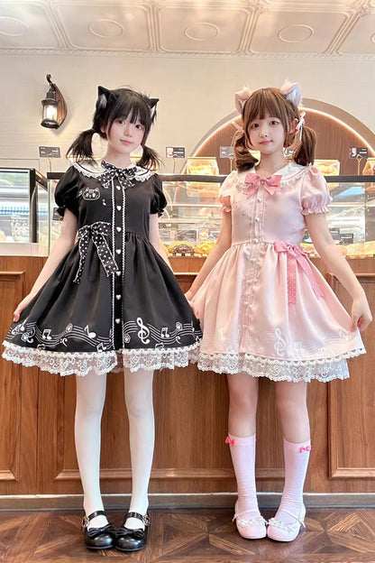 Rose Melody Kitty Doll Collar Short Sleeve Ruffled Embroidered Bow Lace Sweet Lolita Dress