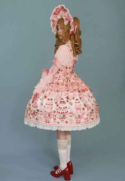 Strawberry and Desserts Print Pink Sweet Bow Accents Lolita JSK / Full Set
