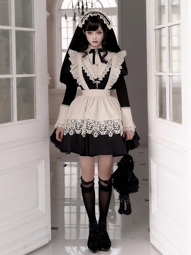 Black Beige Ruffle Banded Collar Lolita Short Dress