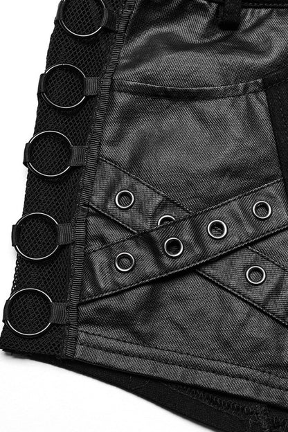 Punk Women's Ring Shorts with Faux Leather Stitching Mesh and Eyelet