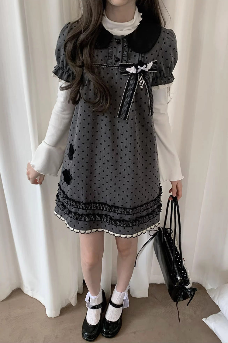 Grey Little Star Wish Doll Collar Short Sleeve Polka Dot Bow Classic Japanese Lolita Dress