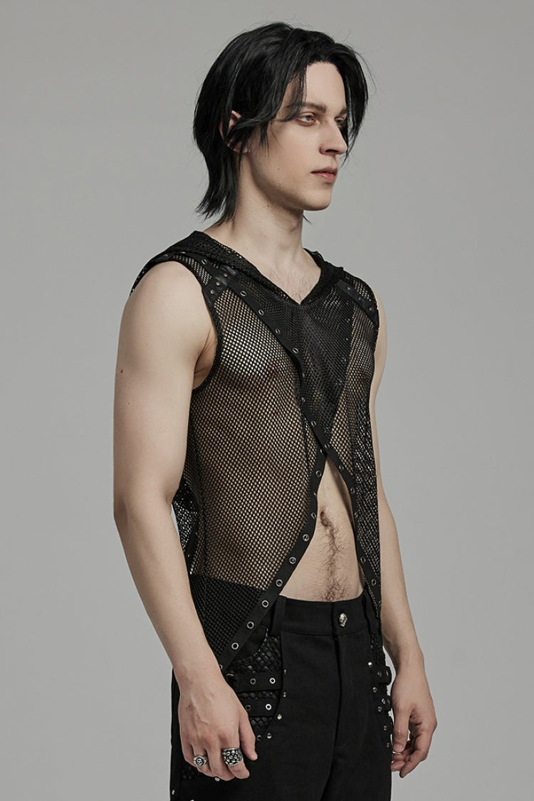 Mesh Eyelet Punk Sleeveless Hooded Vest for Men - NoirEdge