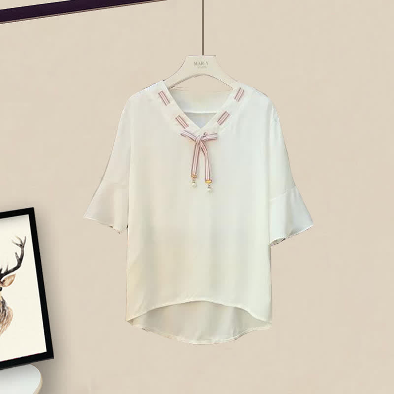 Elegantes Chiffon-T-Shirt mit Schleife und weitem Bein