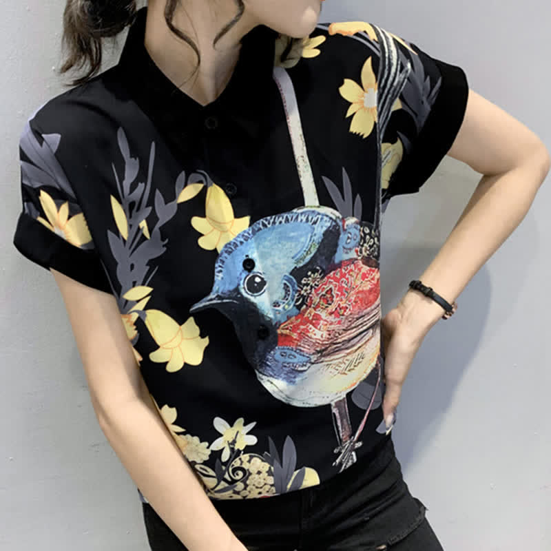 T-shirt en mousseline de soie à imprimé floral et oiseaux, short décontracté