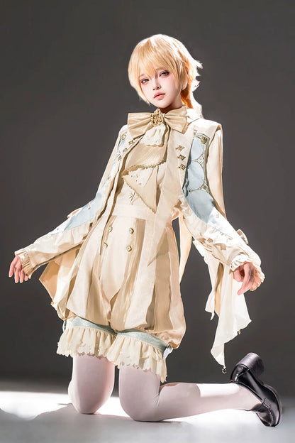 Golden Stand-Collar Long-Sleeve Embroidered Ruffled Bow Ouji Ensemble