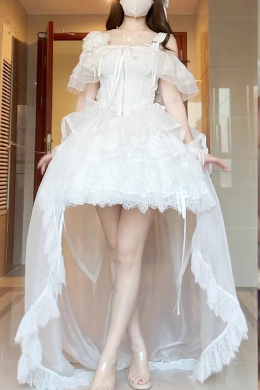 White Rose Memoirs Sleeveless Multi-Layer Bow Lace Sweet Lolita Skirt Set