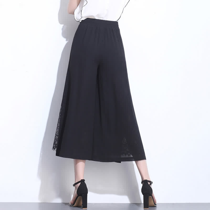 Elegant Black Lace Stitching Wide Leg Pants