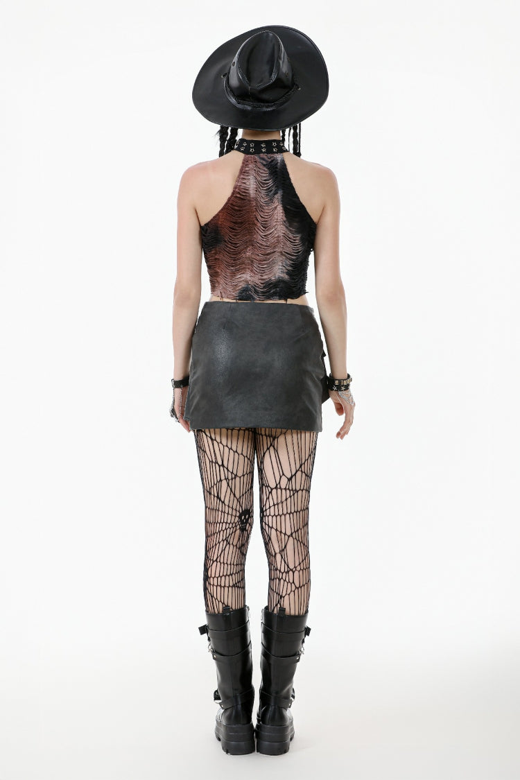 Punk Women's Short Skirt with Faux Leather Straps and Zippered Detail