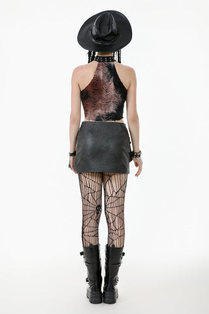 Punk Women's Short Skirt with Faux Leather Straps and Zippered Detail