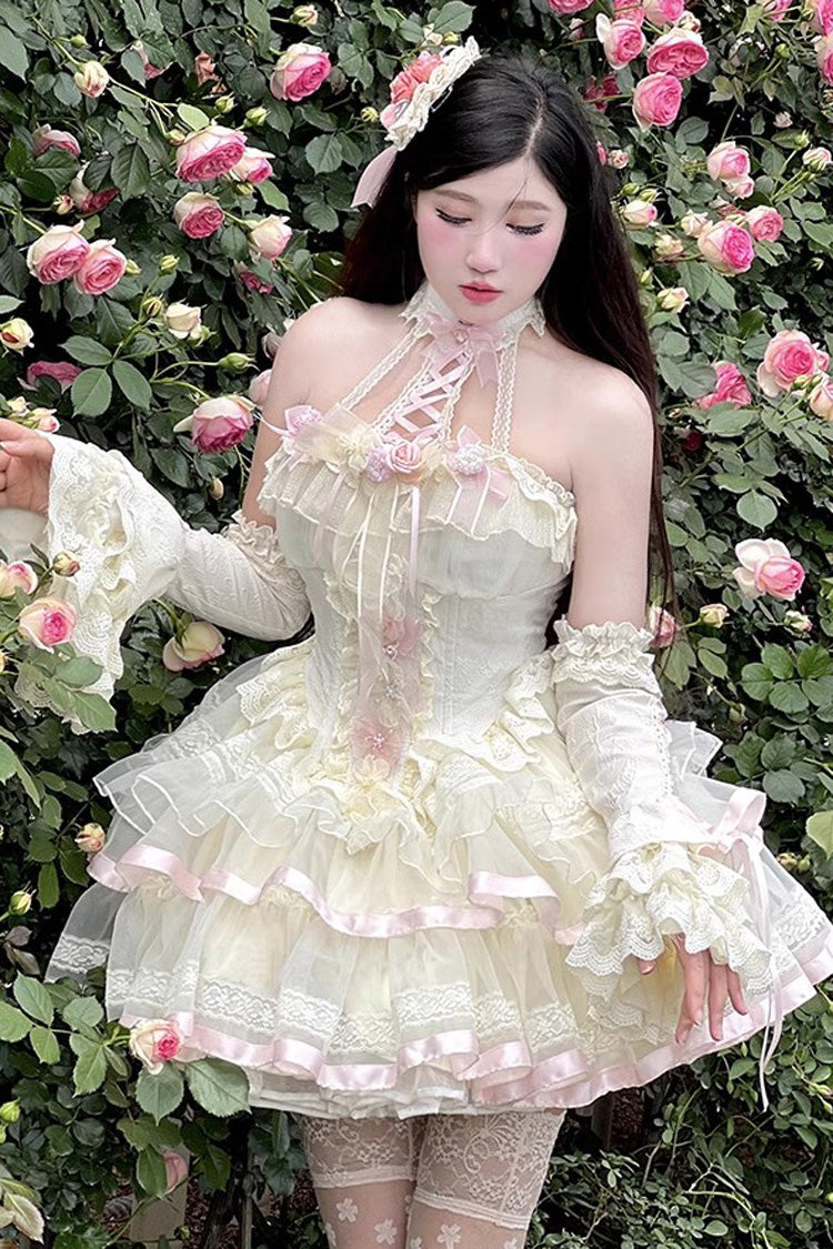 Floral Ballet Halterneck Layered Ruffled Lace Sweet Gown