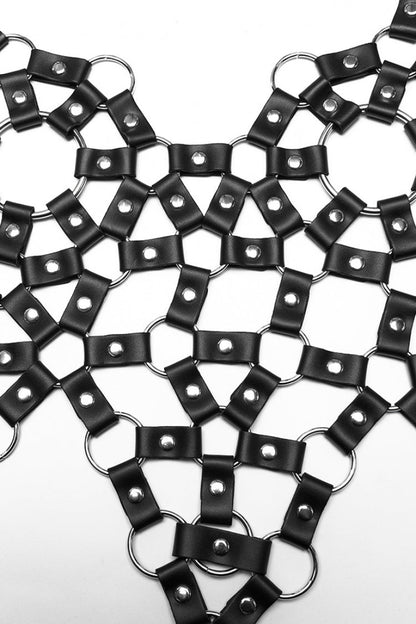 Cutout Ring Punk Crop Top in Stitched Black Faux Leather for Women