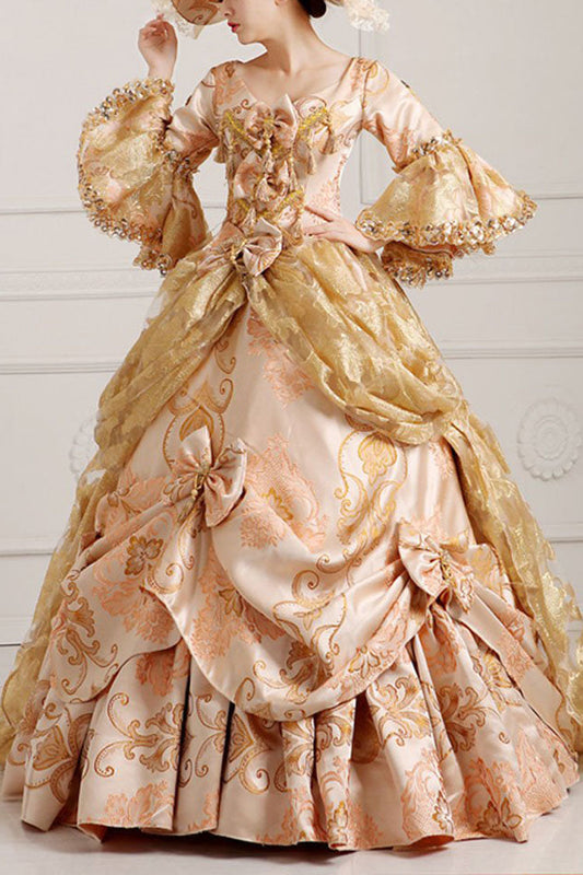 Trumpet-Sleeved High-Waisted Embroidered Print Bowknot Multi-Layer Victorian Lolita Prom Dress in Beige and Golden