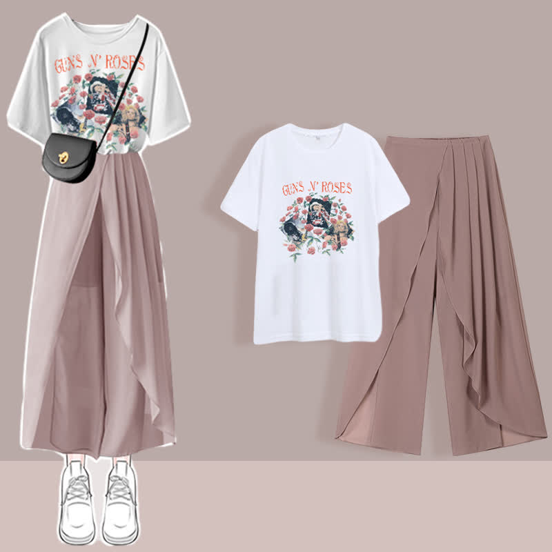 Pleated Split T-Shirt Pants Printed Set Chiffon