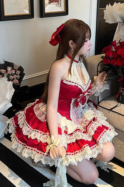 Beloved Young Lady Halterneck Sleeveless Double-Layered Ruffle Lace Dress