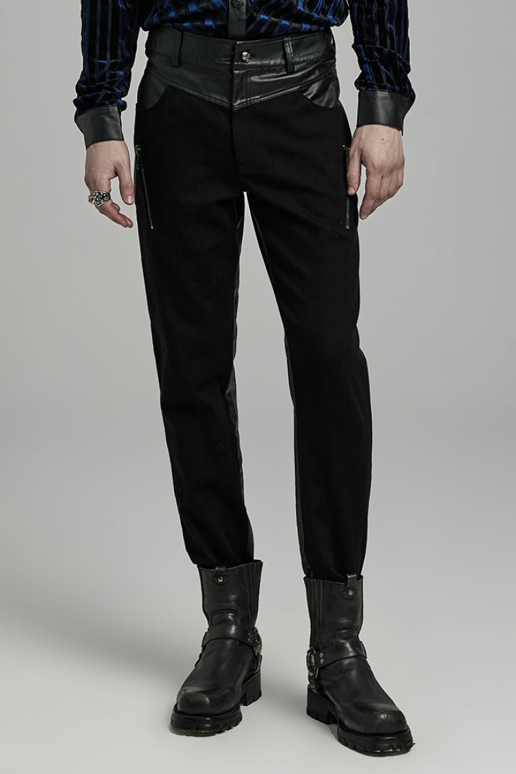 Punk Men's Trousers with Faux Leather Stitching and Zipper