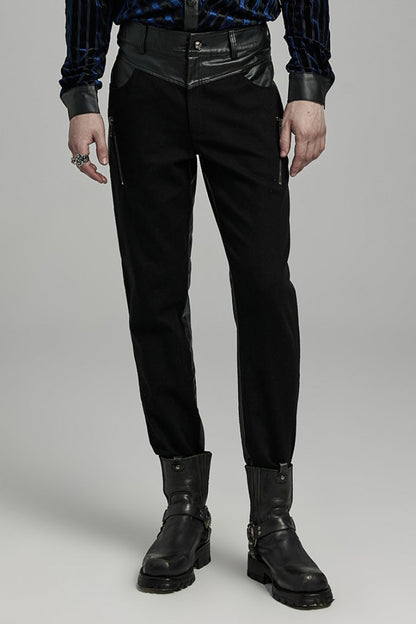 Punk Men's Trousers with Faux Leather Stitching and Zipper