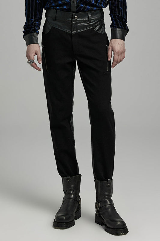Punk Men's Trousers with Faux Leather Stitching and Zipper