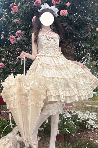 Apricot Miss Pearl Sleeveless Double-Layered Bowknot Lace Lace-Up Sweet Lolita Jsk Dress