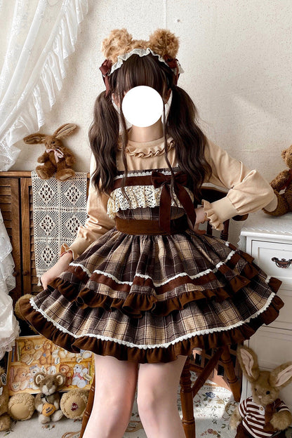 Brown Sleeveless Sweet Lolita Plaid Print Ruffle Bowknot JSK Dress