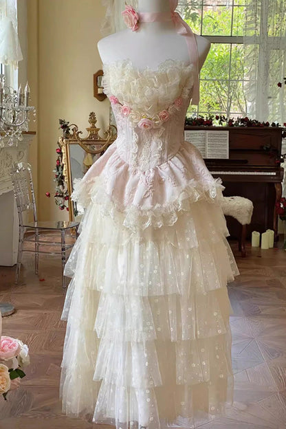 Pink Floral Love Ruffle Bow Lace Elegant Lolita Maxi Set