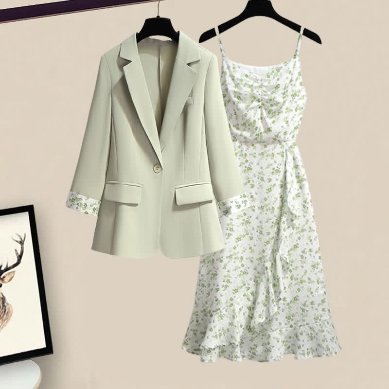 Slip Green Print Floral Dress Set