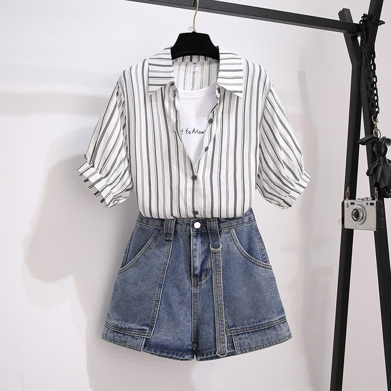 T-Shirt Stripe Pieces Denim Fake Pocketed Shorts Two Lapel
