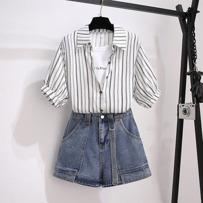 T-Shirt Stripe Pieces Denim Fake Pocketed Shorts Two Lapel