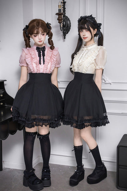 Puff-Sleeve Color-Blocked Faux Two-Piece Sweet Dress