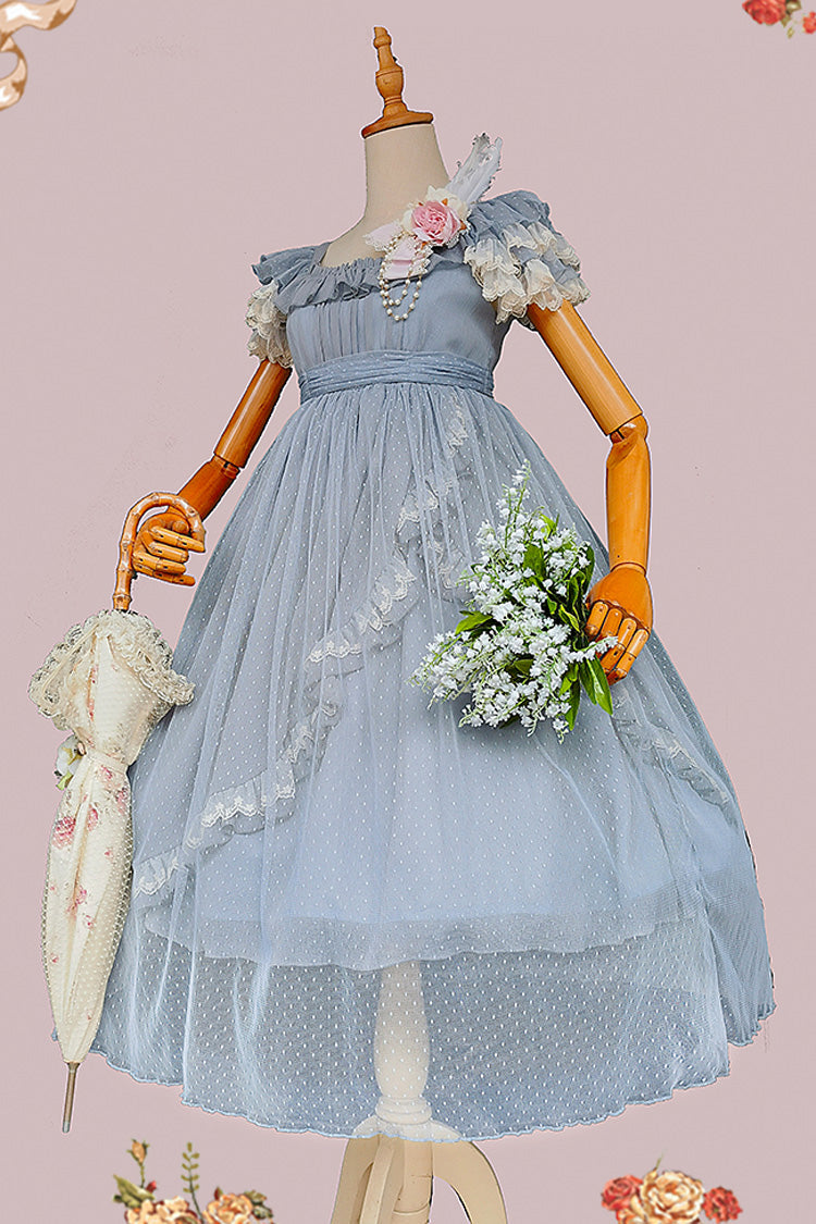 Sax Blue Polka Dot Asymmetric Ruffle Bow Lolita Dress - Moon goddess *Mediana*