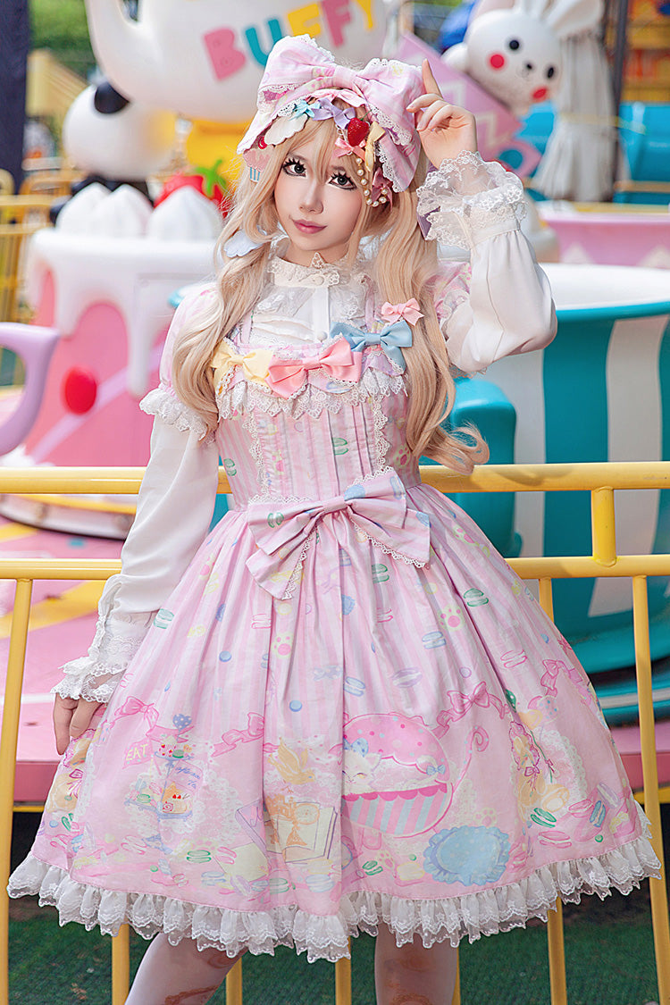 Rose Square Collar Short Puff Sleeve Bow Print Sweet Lolita Gown - Macarons Dolly House