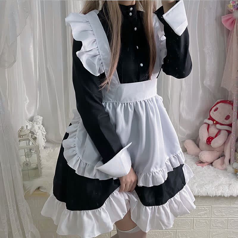 Schwarzes Lolita-Dienstmädchenkleid mit Knöpfen und langen Ärmeln und Rüschen