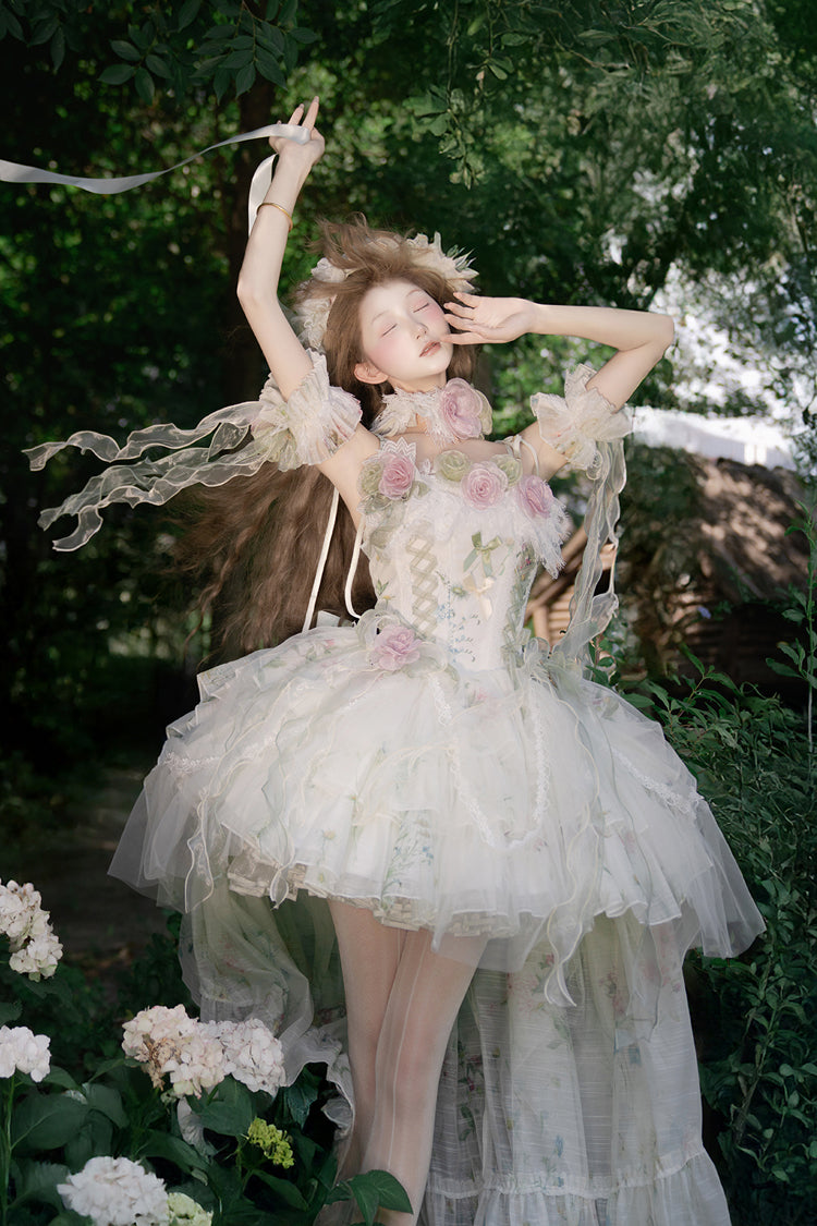 Emerald Layered Fishbone Lace-Up Lolita JSK - Spring Rose
