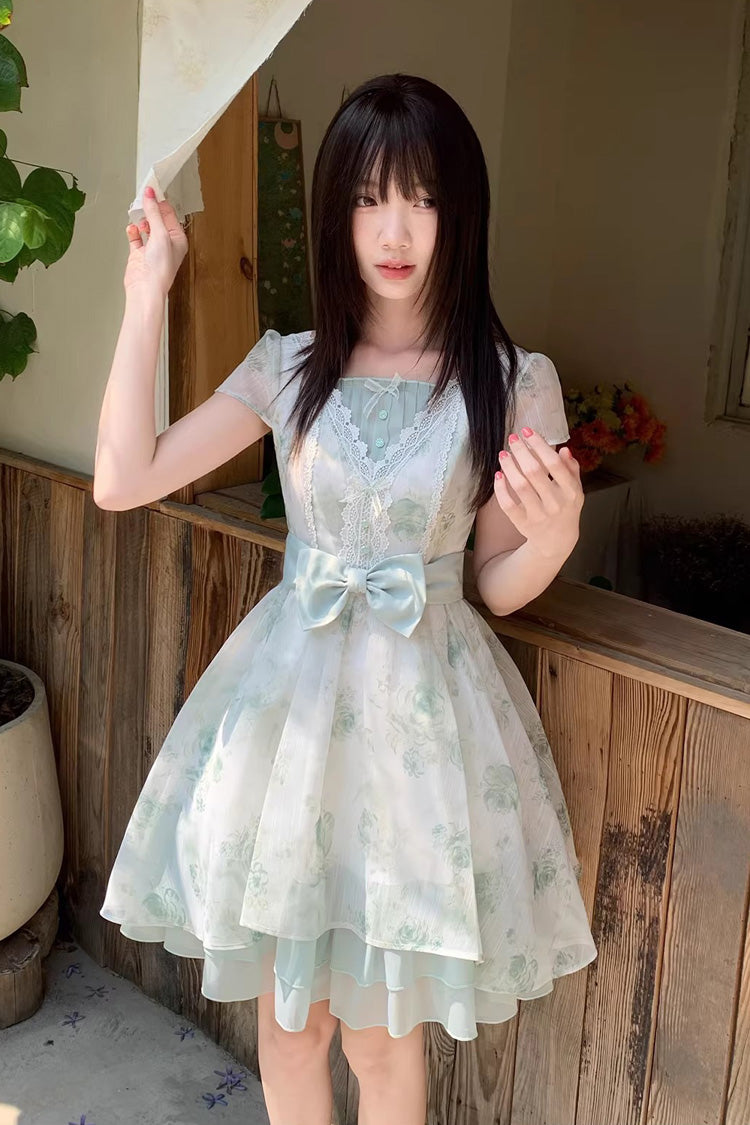 Green Floral Print Short Sleeve Bow Lace Sweet Princess Lolita Dress