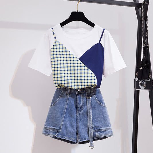 Denim Chic Round T-Shirt Collar Colorblock Pocketed Shorts