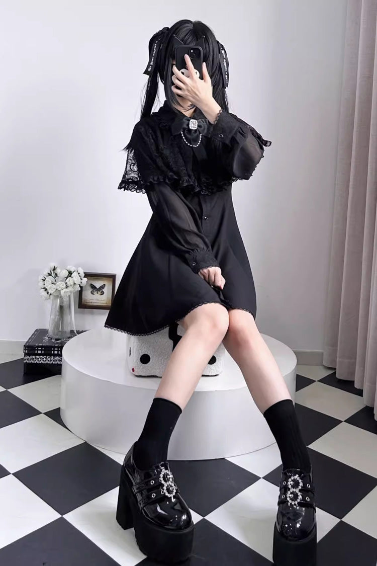 Black Shawl Lace Chiffon Slim Dress with Long Sleeves