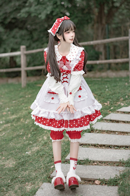 Red and White Doll-Collar Short-Sleeved Mushroom Princess Printed Polka Dot Ruffled Sweet Lolita Dress