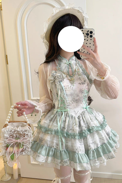 Peach Moon Bamboo Halterneck Print Ruffle Dress - Chinese Lolita Style