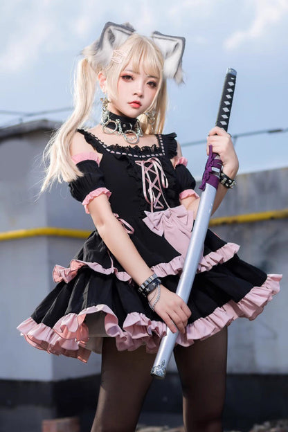 Black Pink Sleeveless Multi-Layer Ruffle Bow Sweet Lolita JSK Dress