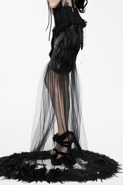Satin Gothic Skirt with Feather Hem and Fishtail Silhouette