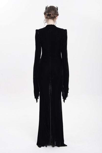 V Collar Trumpet Sleeve Floral Embroidered Velvet Gothic Dress