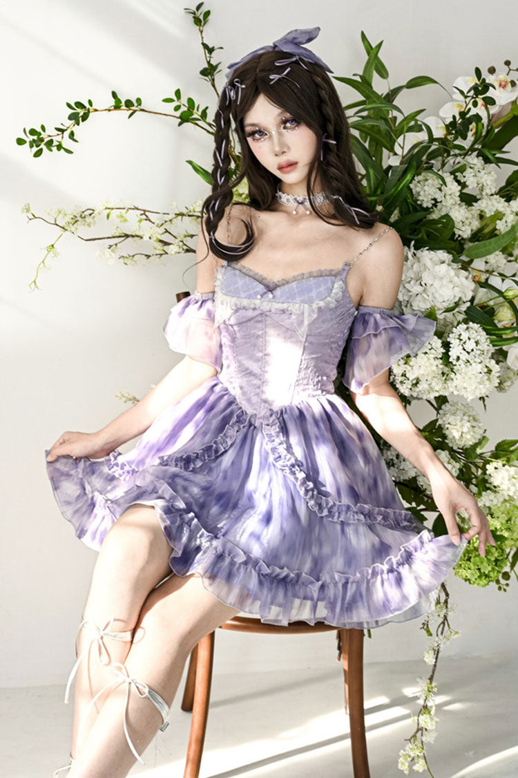 Blue Ruffle Lace Tie-Dye Print Fake Two Piece Sweet Princess JSK Dress