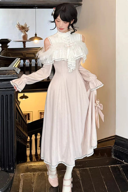 Rose Stand Collar Off-Shoulder Long Sleeve Lace Sweet Japanese Elegant Lolita Long Gown - Little Love Song