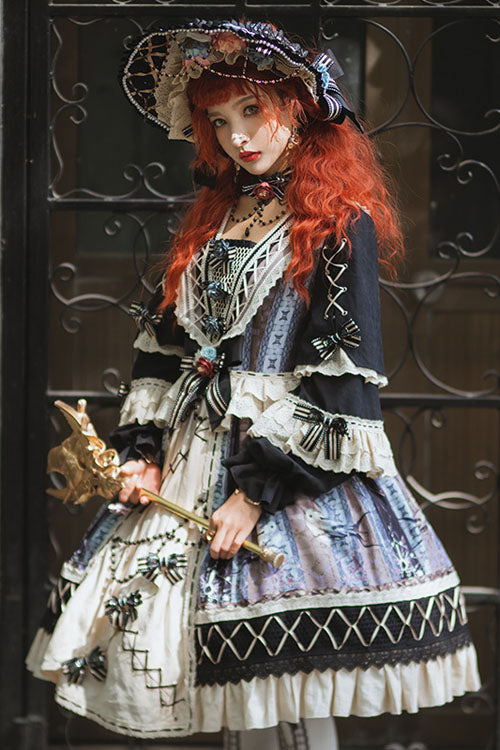 Mirror Finch Print Cardigan Ruffled Classic Lolita OP Dress